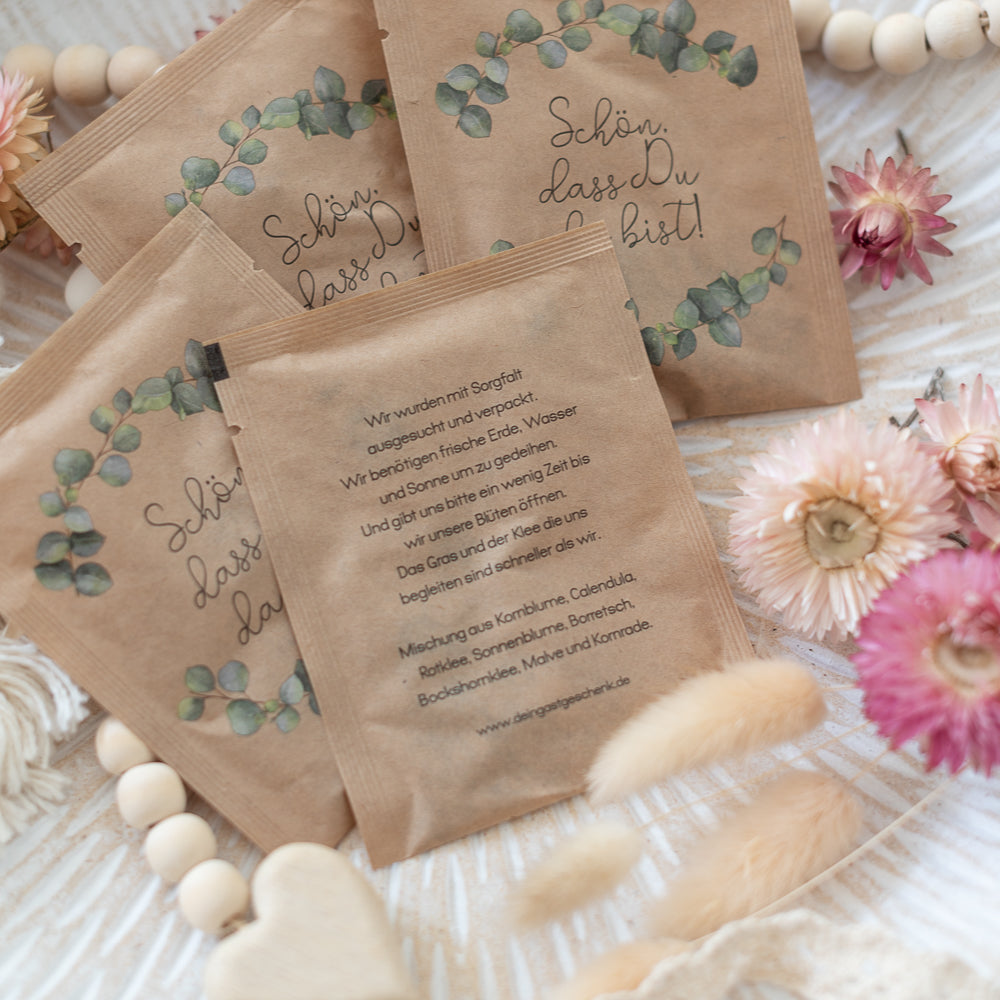 20 Stück nachhaltige Gastgeschenke mit Blumensamen - Eukalyptus Motiv